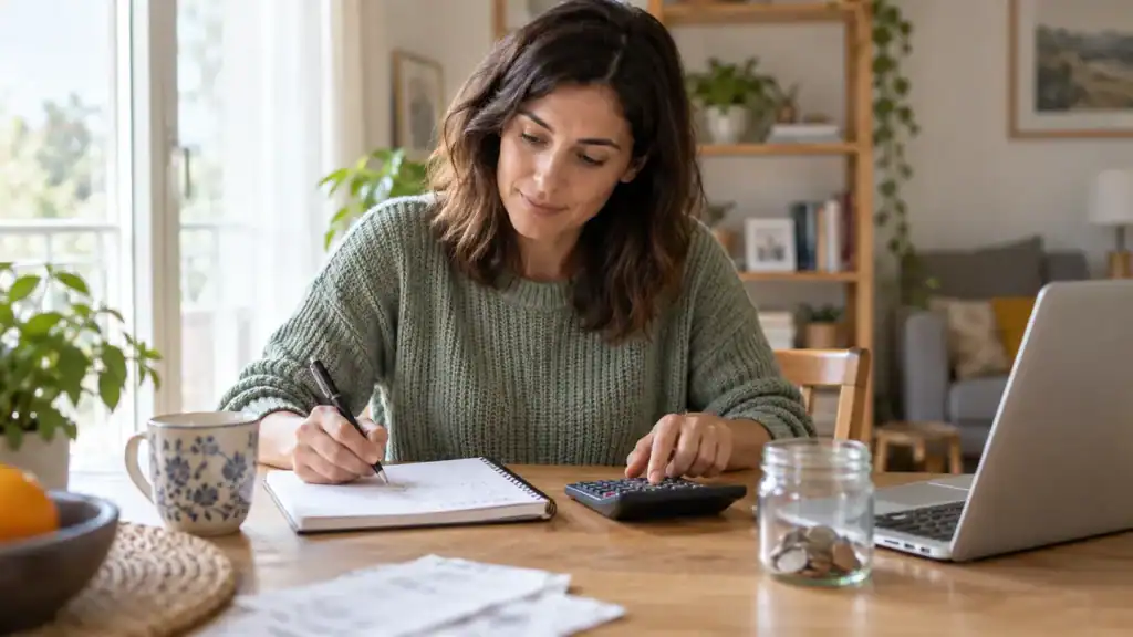 Mujer planificando sus ahorros para crear un fondo de emergencia en casa