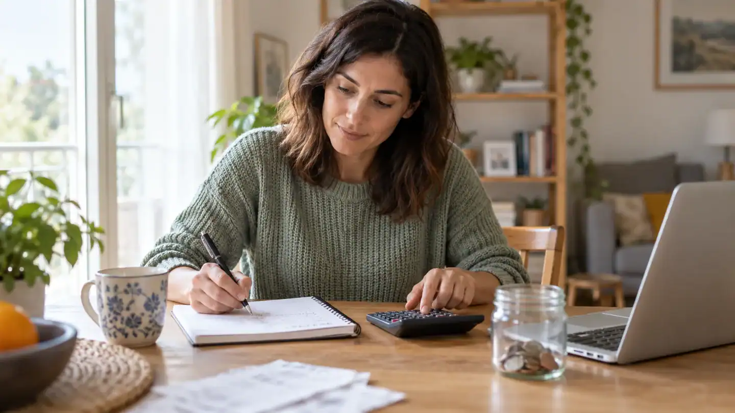 Mujer planificando sus ahorros para crear un fondo de emergencia en casa