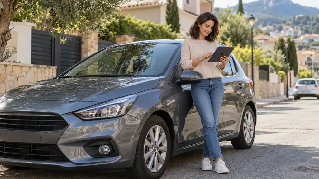 Mujer consultando una tablet junto a su coche para obtener liquidez sin venderlo