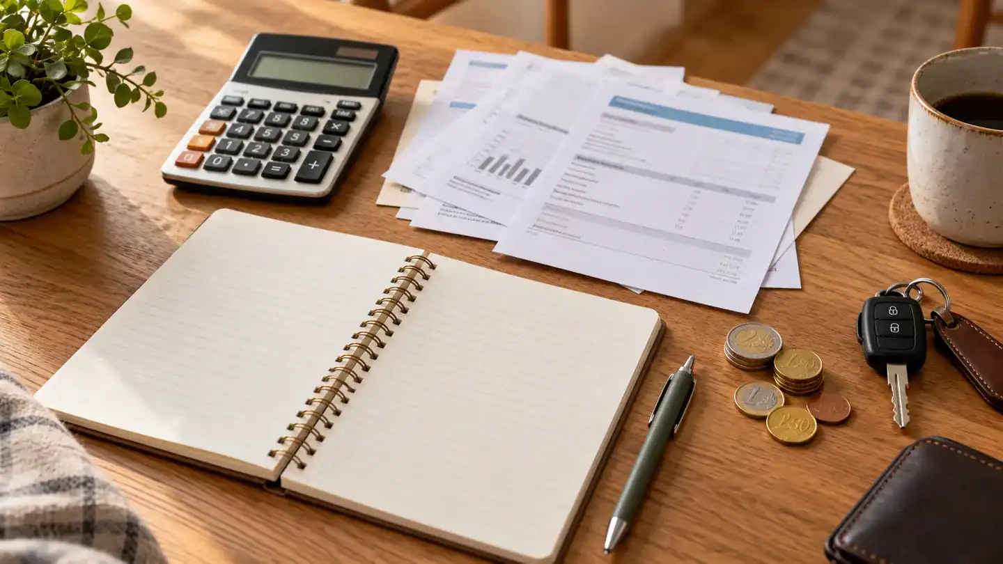 Calculadora, facturas y cuaderno para organizar el presupuesto y los gastos imprevistos